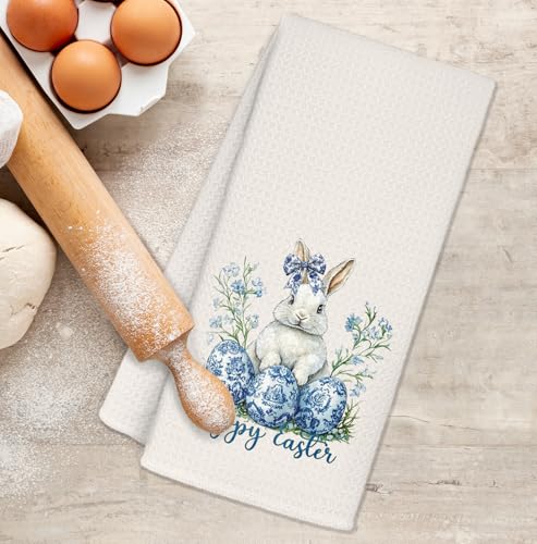 Blue and White Easter Bunny Hand Towel Chinoiserie Kitchen Towel 16x24