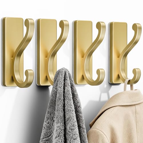 Gold Self-Adhesive Coat Hooks - 4 Pack, 13Lbs Capacity