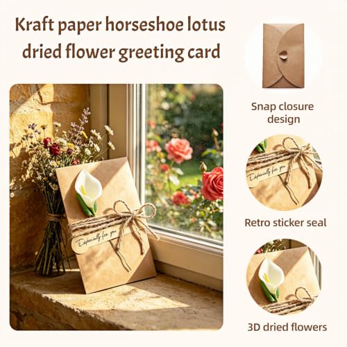 Handmade Vintage Kraft Paper Greeting Cards Set with Dried Flowers and Envelopes
