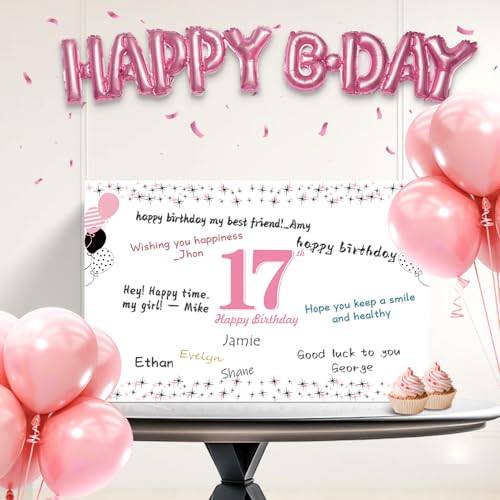 Large 17th Birthday Card - 2009 Themed Pink & Black Signature Guest Book