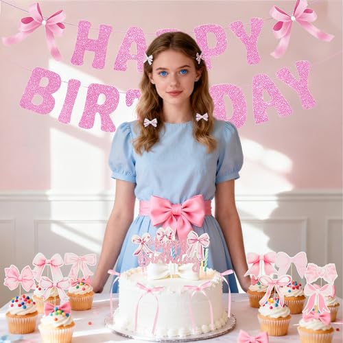 20Pcs Pink Bow Birthday Party Decorations & Cake Toppers Set