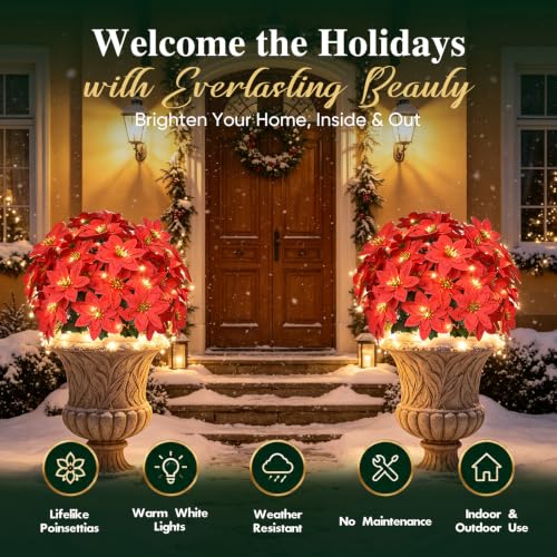 2PCS Christmas Poinsettia Ground Stake with LED Lights - Red Poinsettia With Lights