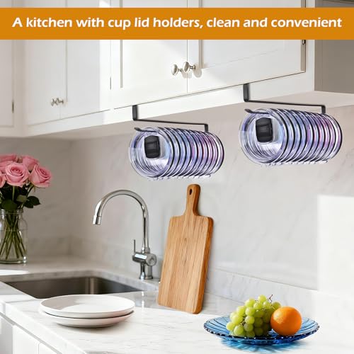 Tumbler Lid Organizer - Under Cabinet Cup Lid Holder, Black