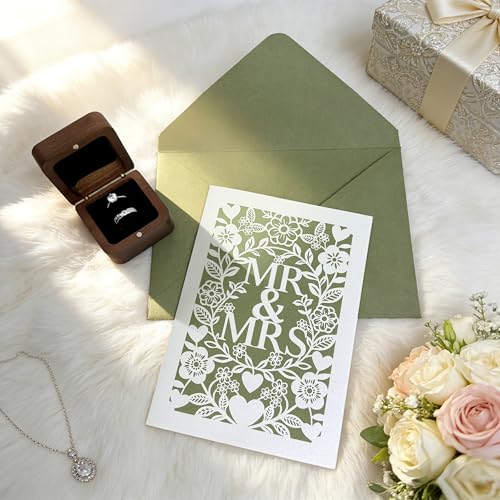Sage Green Laser-Cut Floral Heart Wedding Card for Newlyweds