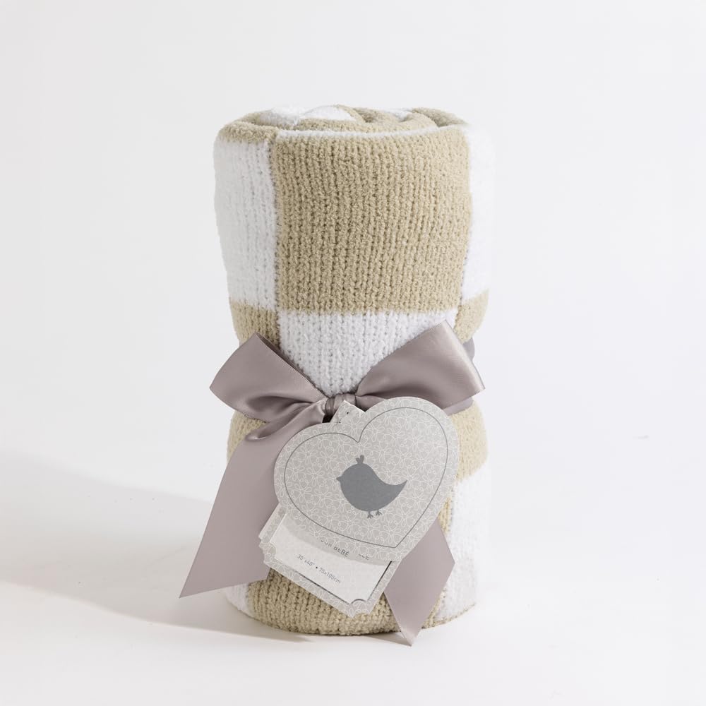 Living Textiles Taupe Check Chenille Knitted Soft Baby Blanket - Reversible Premium Cozy Fabric for Best Comfort - for Infant,Toddler,Newborn,Nursery,Boy,Girl,Throw,Crib,Stroller