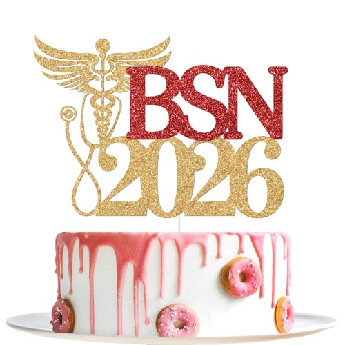 BSN 2026 Graduation Cake Topper Gold And Red Glitter Nursing School