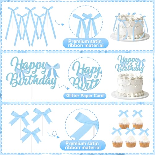 Blue Bow Cake Topper Set - 19Pc Ribbon Birthday & Bridal Shower Decor