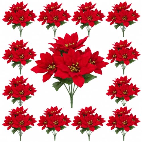 12 pcs 13-inch Velvet Artificial Poinsettia Bushes with Gold Centre - Christmas Decor, Red/Gold Variation