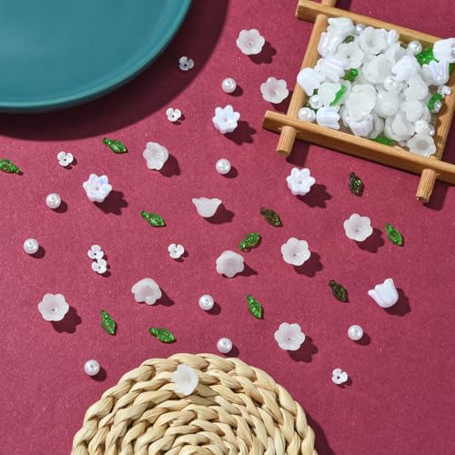 BEEFLYING 180Pcs Glass Flower Leaf Beads & Acrylic Pearls for Jewelry Making