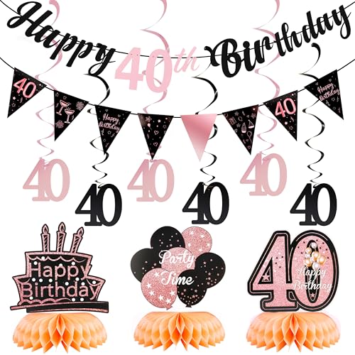 Rose Gold 40th Birthday Decorations Set for Women - Banner & Centerpieces