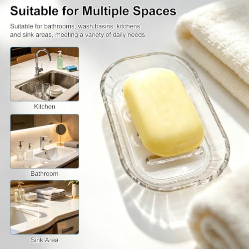 2 Pack Clear Soap Dish Holder - Draining Soap Tray for Kitchen & Bathroom