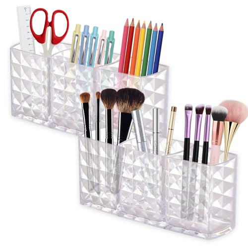 IIDEA 2-Pc Acrylic Makeup Brush Holder, 3-Compartment Cosmetic Organizer - White