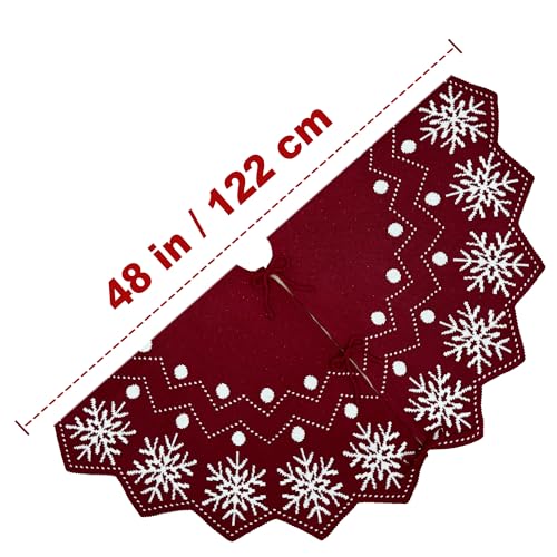 48-Inch Reversible Knit Snowflake Christmas Tree Skirt - Burgundy & White