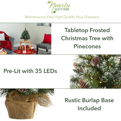 Frosted Artificial Christmas Tree with LED Lights and Pinecones - 2ft