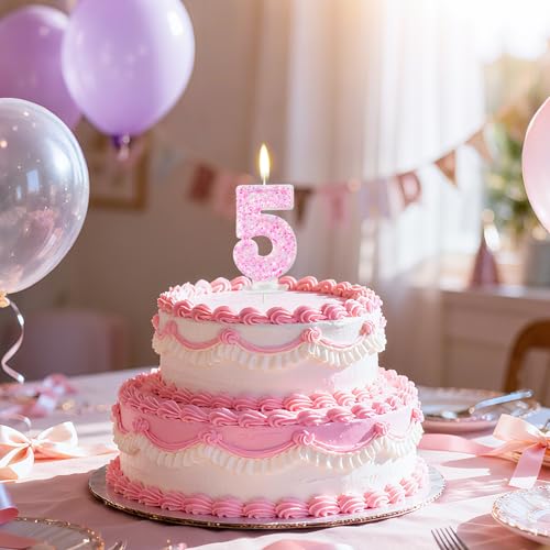 Pink Number 5 Birthday Candle Shimmering Cake Topper Decoration