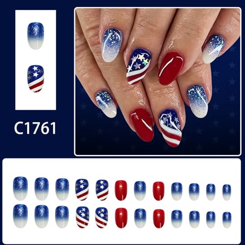 4th of July Medium Oval Press on Nails US Flag Star Acrylic False Nails
