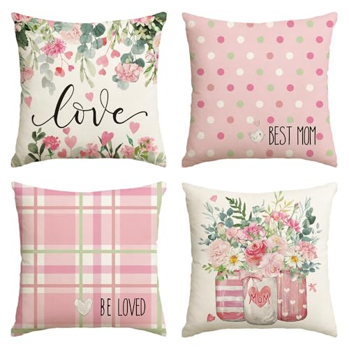 AVOIN colorlife Mother's Day Pink Throw Pillow Covers - Set of 4, 18x18 Inch Floral Cushion Cases for Sofa