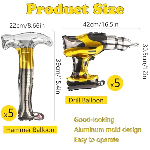 Hammer and Drill Balloons - 10 Pack Inflatable Party Decorations