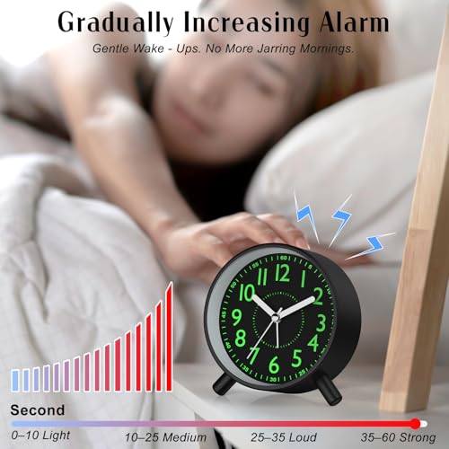 Analog Alarm Clock with Night Light - Silent & Battery Operated