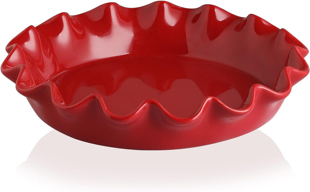 Sweejar Ceramic Pie Pan - 11.5 Inches Deep Fluted Porcelain Dish | Non-Stick Red Design for Baking