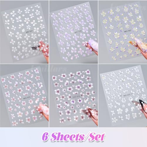 Umillars 5D Embossed Floral Nail Stickers - 6 Sheets Self-Adhesive Flower Nail Decals for DIY Manicure