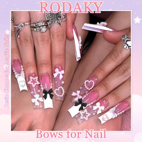 RODAKY Bow Nail Charms with Flatback Pearls and Resin Bowknot Set