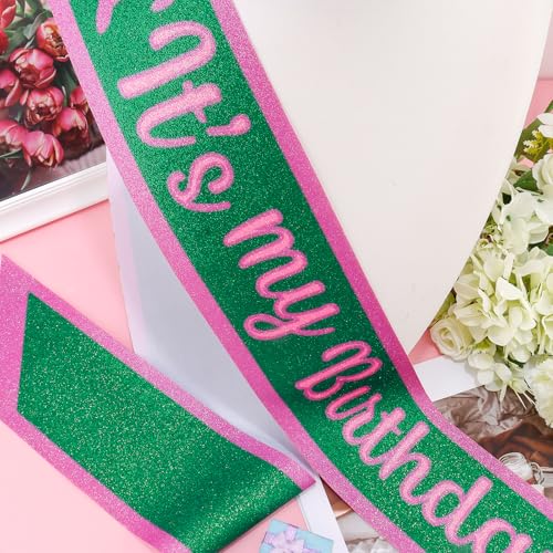 Kicosy Glitter Pink & Green It's My Birthday Sash for Witch-Themed Party
