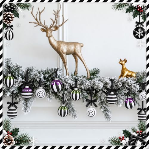 24 Black and White Halloween Ball Ornaments - Gothic Christmas Decorations