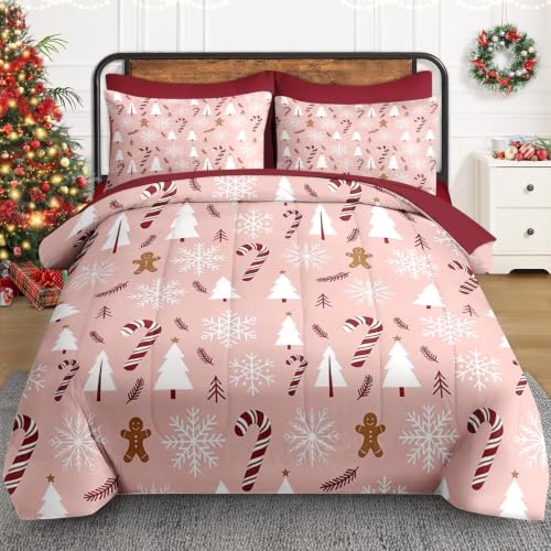 WeCozy King Christmas Comforter Set with Sheets - Pink Holiday Bedding, 7 Piece