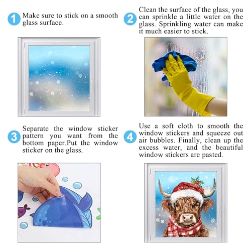 Christmas Window Clings Highland Cow Watercolor Holiday Decor Set - Reusable