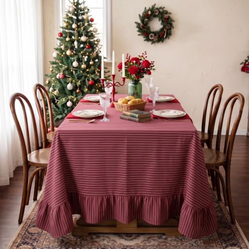 Eternal Beauty Christmas Red Striped Ruffled Tablecloth 60x120 Inches - Rectangle, Holiday Decor