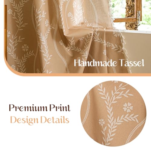 Boho Linen Curtains 52 x 63 Inches - Pack of 2 Beige Floral Farmhouse Window Drapes