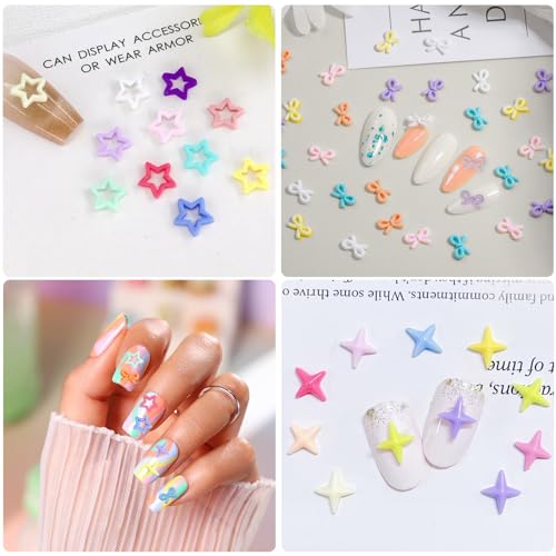 KWOLYKIM 180Pcs Colorful Bow & Star Nail Art Charms 3D Resin Rhinestones