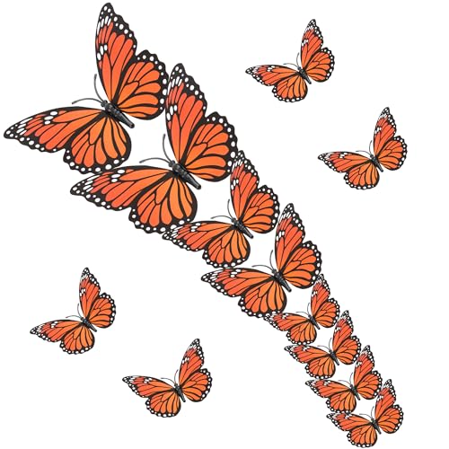 Nelisylux Orange Monarch Butterfly Decorations 12 Pack - Day of the Dead & Halloween Wall Decor, 3 Sizes