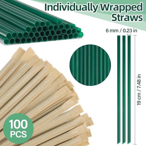 Sukh 100 Pack 6mm Green Plastic Drinking Straws, Individually Wrapped