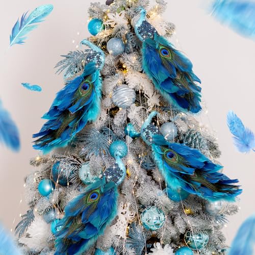 6 Classic Style Peacock Christmas Tree Ornaments with Feathers - Holiday Decorations