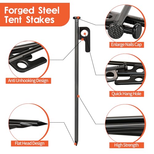 8 Pack 8in Heavy Duty Forged Steel Tent Stakes and Hammer Set, with Storage Pouch, Available in Rocky Place