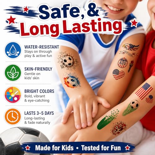 World Cup 2026 & 4th of July Temporary Tattoos - 115PCS Waterproof Soccer & USA Patriotic Fake Body Art