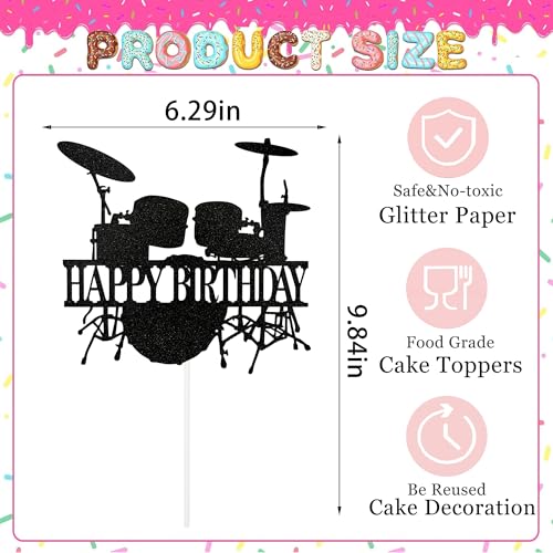 Music Theme Birthday Cake Topper - Black Glitter Drum Decoration