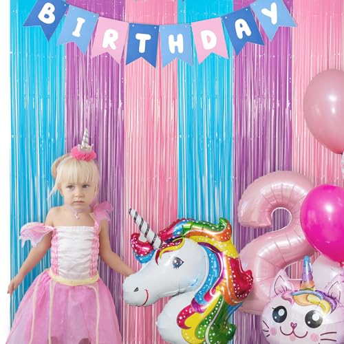 GREATRIL Pastel Tinsel Backdrop - Blue Purple Pink Fringe Curtain for Party