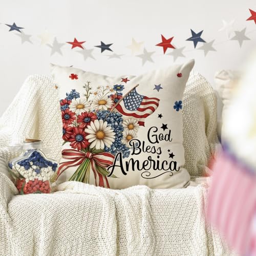 4th of July Throw Pillow Cover - God Bless America Daisy Pattern 18x18 Inch Independence Day Decor Cushion Case
