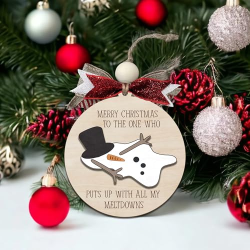 Funny Snowman Christmas Ornament - Wooden Round Holiday Decoration