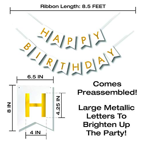 Pre-Strung Happy Birthday Banner - White & Gold Party Decoration