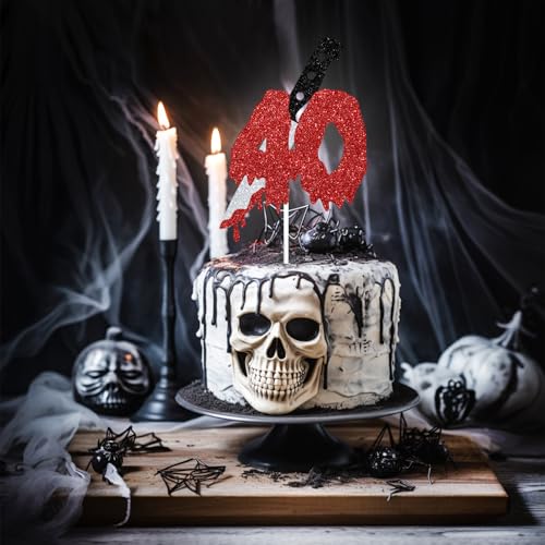 Red Glitter 40 Cake Topper with Blood Knife | Horror Party Decor