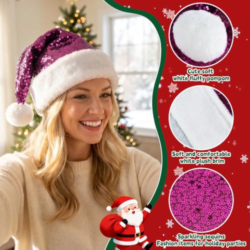 Rose Red 20in Adults Sequin Christmas Hat Sparkling Holiday Headwear