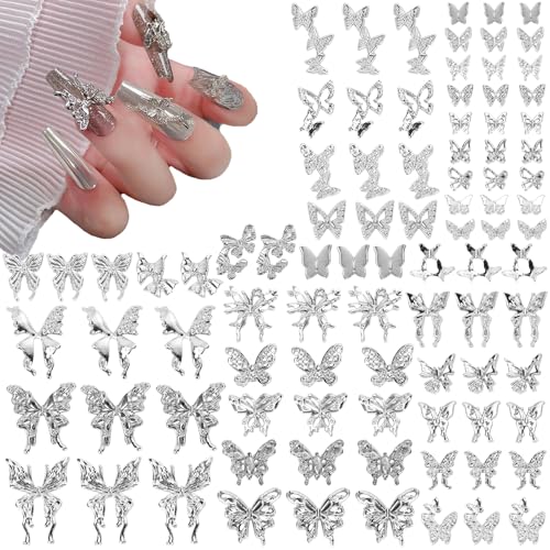 60Pcs 3D Butterfly Nail Charms Silver Rhinestone Alloy Manicure Decor