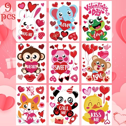 DULEFUN 9 Sheets Valentine's Day Window Clings - Double-Sided Animal Love Hearts