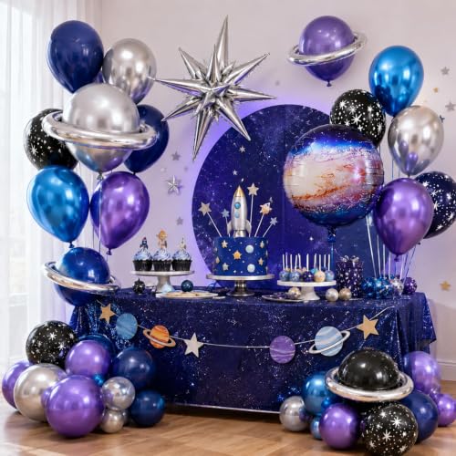 Galaxy Space Balloons Set - 35pcs Navy Blue Purple Silver Metallic Party Decorations
