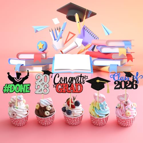 Class of 2026 Graduation Cupcake Toppers - 24Pcs Gold Glitter