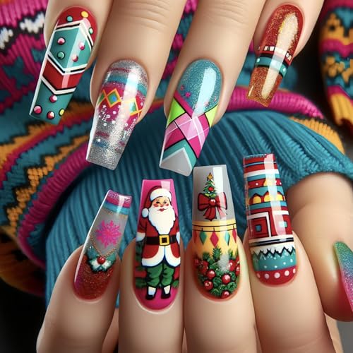Christmas Press on Nails Medium Square Glossy Winter Snowflake Fake Nails